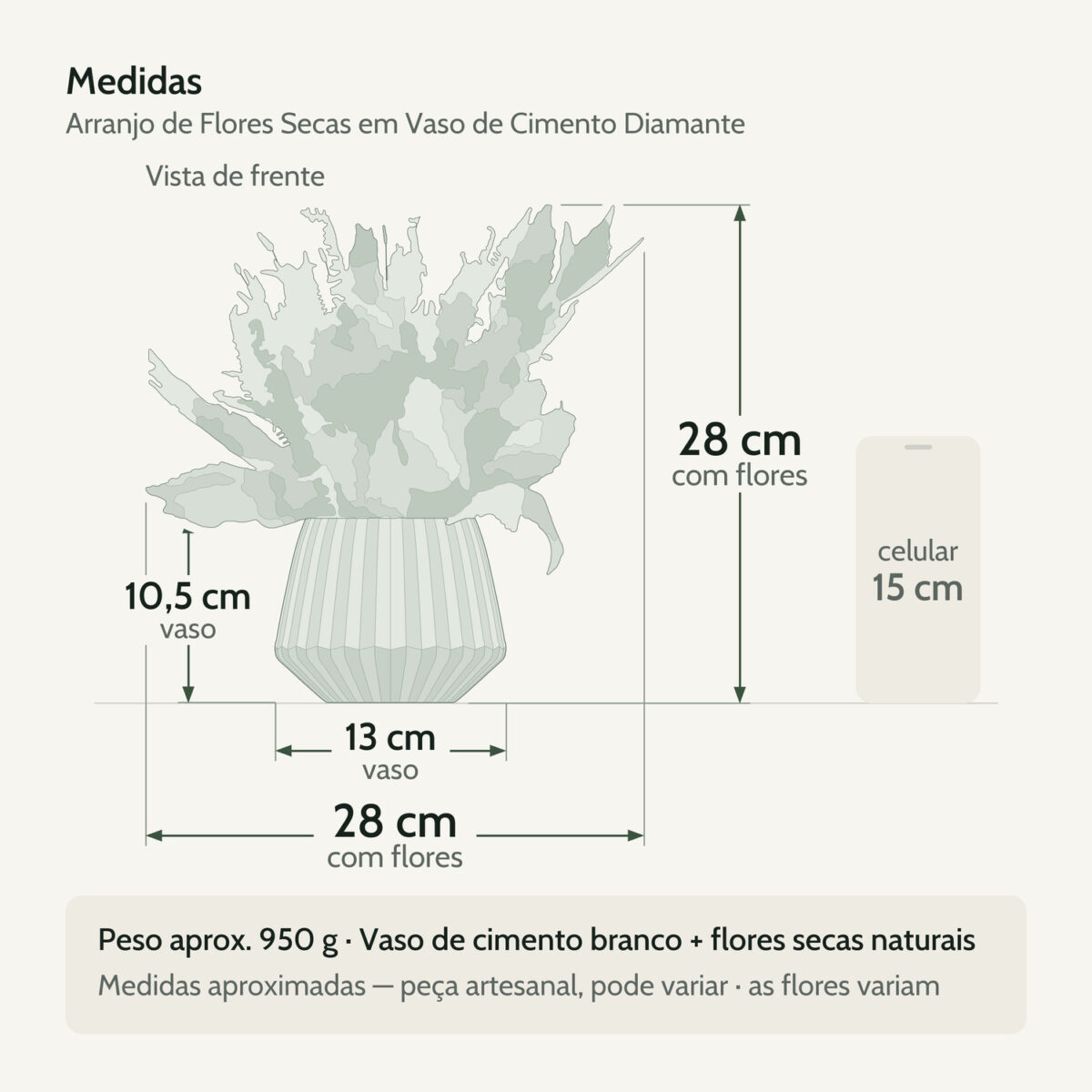 Medidas — Arranjo de Flores Secas em Vaso de Cimento Diamante Aleta