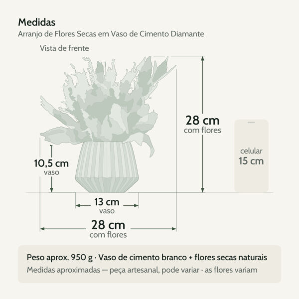 Medidas — Arranjo de Flores Secas em Vaso de Cimento Diamante Aleta