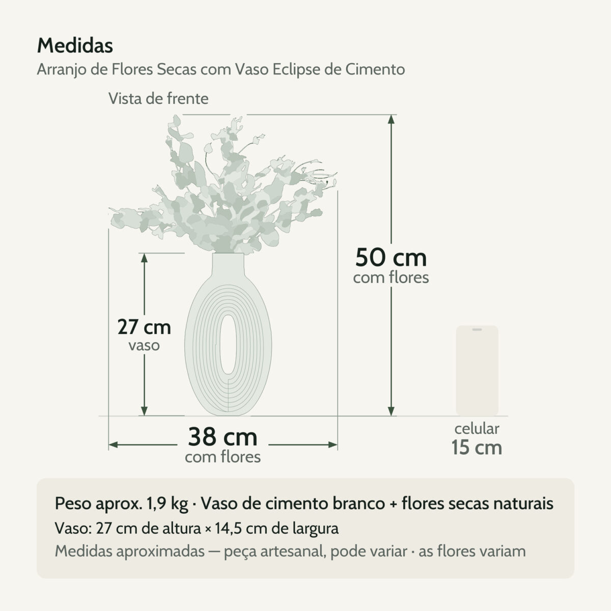 Medidas — Arranjo de Flores Secas com Vaso Eclipse de Cimento