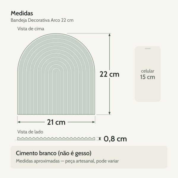Medidas — Bandeja Decorativa Arco 22cm em Cimento Artesanal
