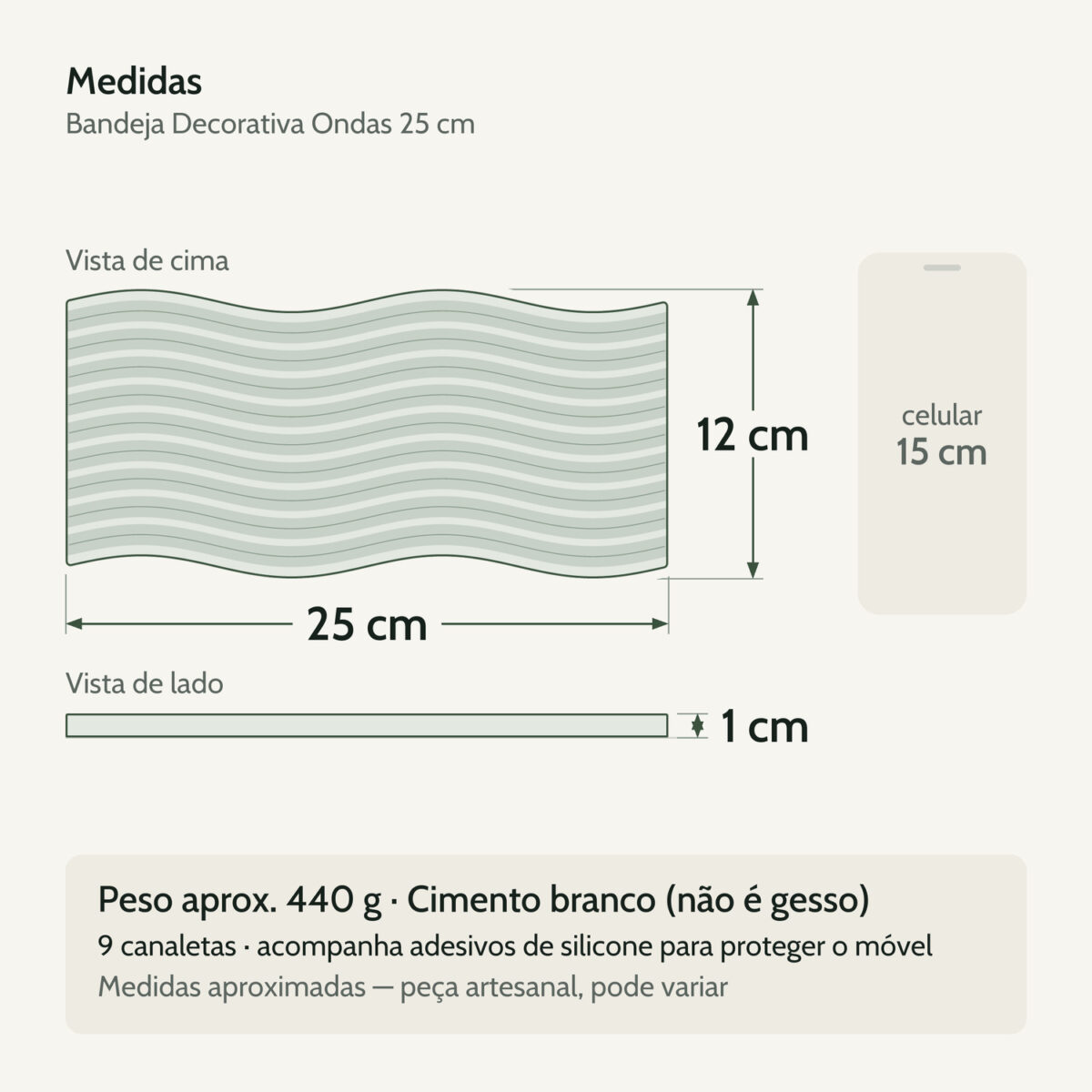 Medidas — Bandeja Decorativa Ondas Artesanal M 25x12cm Em Cimento Branco