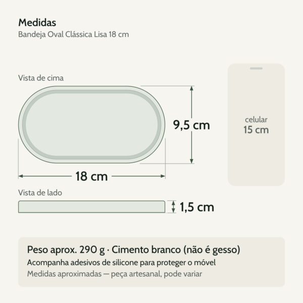 Medidas — Bandeja Oval Clássica Lisa 18cm em Cimento Artesanal
