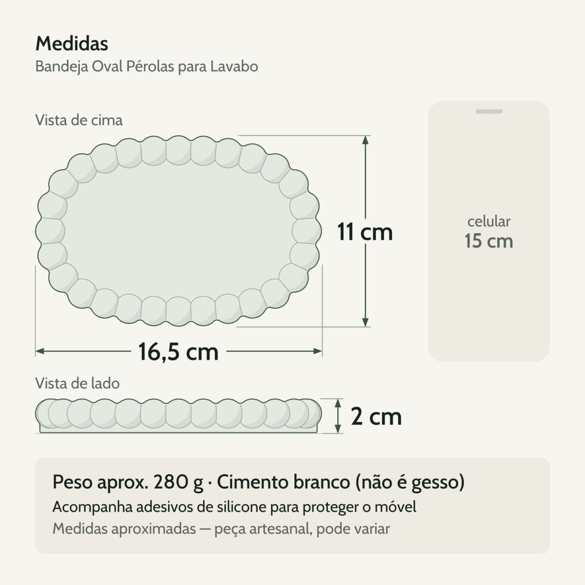 Medidas — Bandeja Organizadora de Cimento Branco para Lavabo 16x11cm