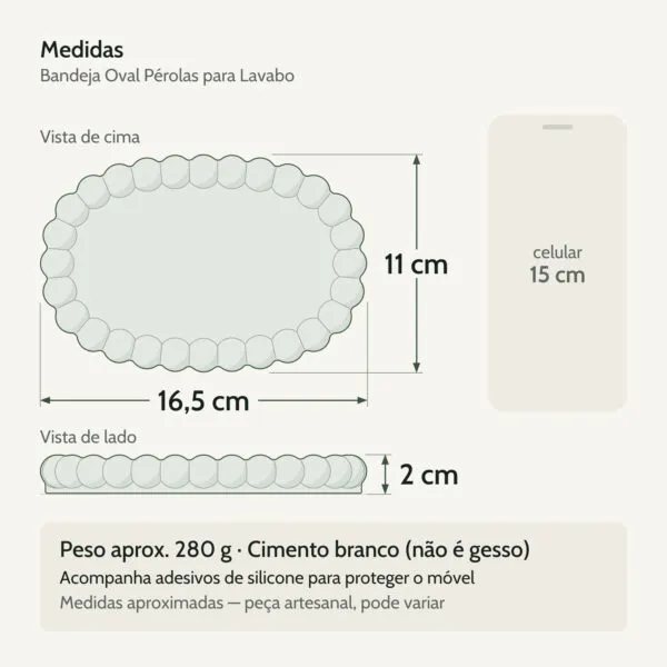 Medidas — Bandeja Organizadora de Cimento Branco para Lavabo 16x11cm