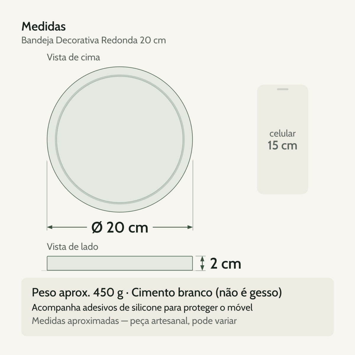 Medidas — Bandeja Decorativa Redonda 20cm em Cimento Artesanal