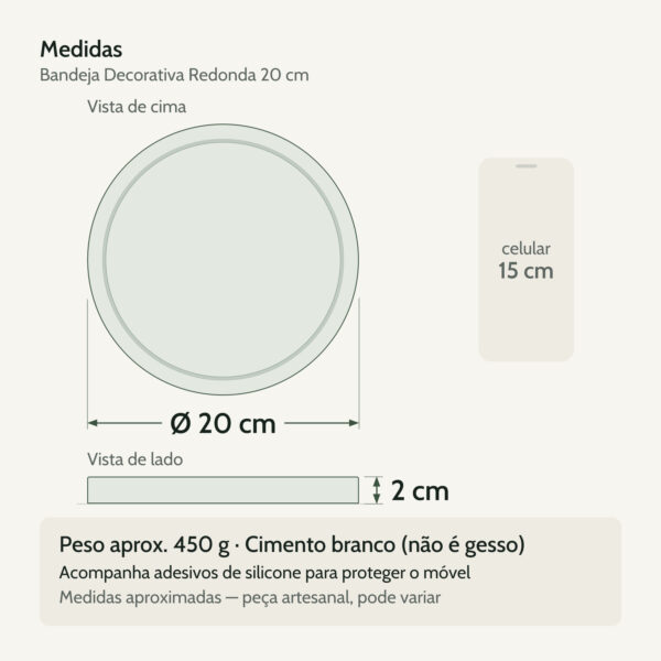 Medidas — Bandeja Decorativa Redonda 20cm em Cimento Artesanal