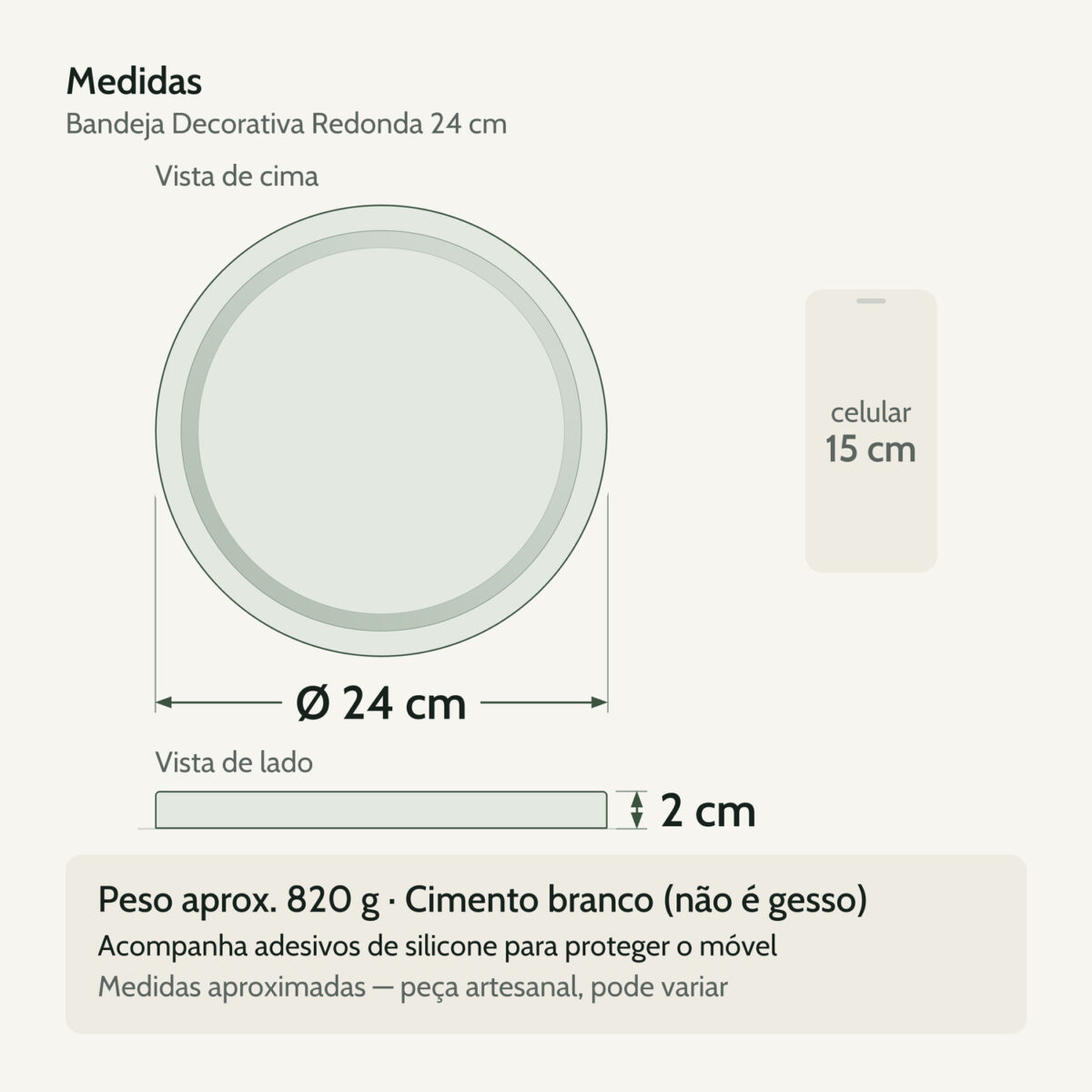 Medidas — Bandeja Decorativa Redonda 24cm em Cimento Artesanal