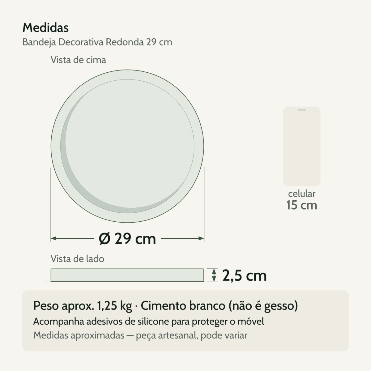 Medidas — Bandeja Decorativa Redonda 29cm em Cimento Artesanal