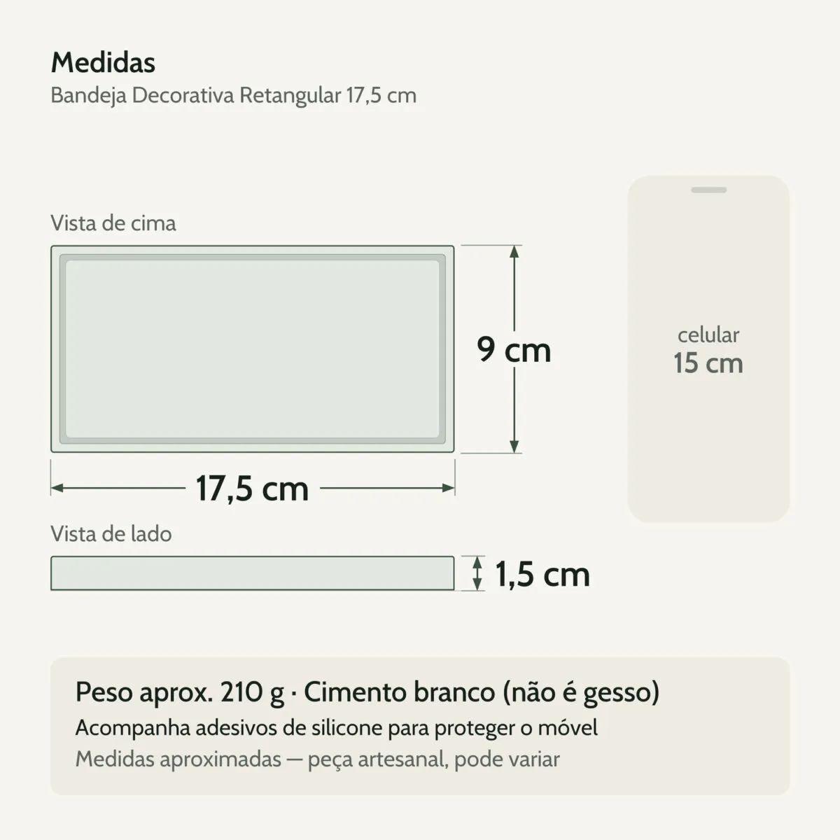 Medidas — Bandeja Decorativa Retangular 17,5cm em Cimento Artesanal