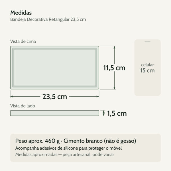 Medidas — Bandeja Decorativa Retangular 23,5cm em Cimento Artesanal