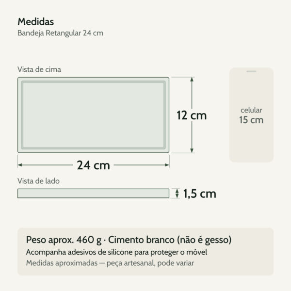 Medidas — Bandeja de Cimento Branco Retangular Artesanal Aleta
