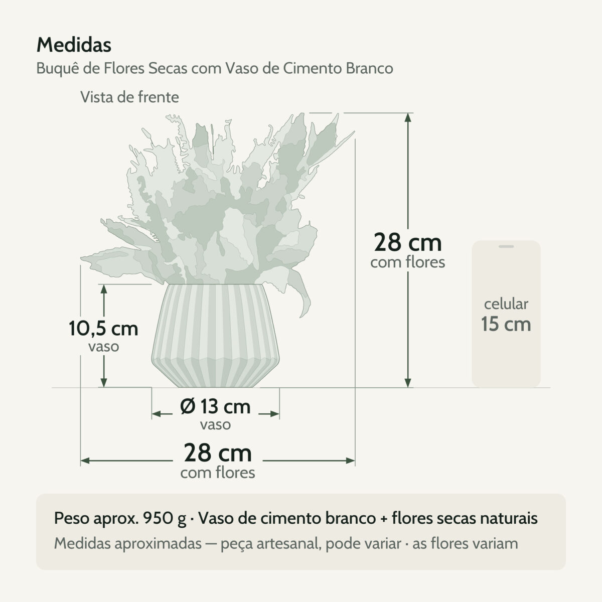Medidas — Buquê de Flores Secas com Vaso de Cimento Branco Medidas — Buquê de Flores Secas com Vaso de Cimento Branco