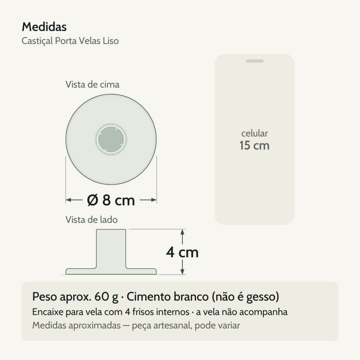 Medidas — Castiçal Artesanal de Cimento Branco para Decoração