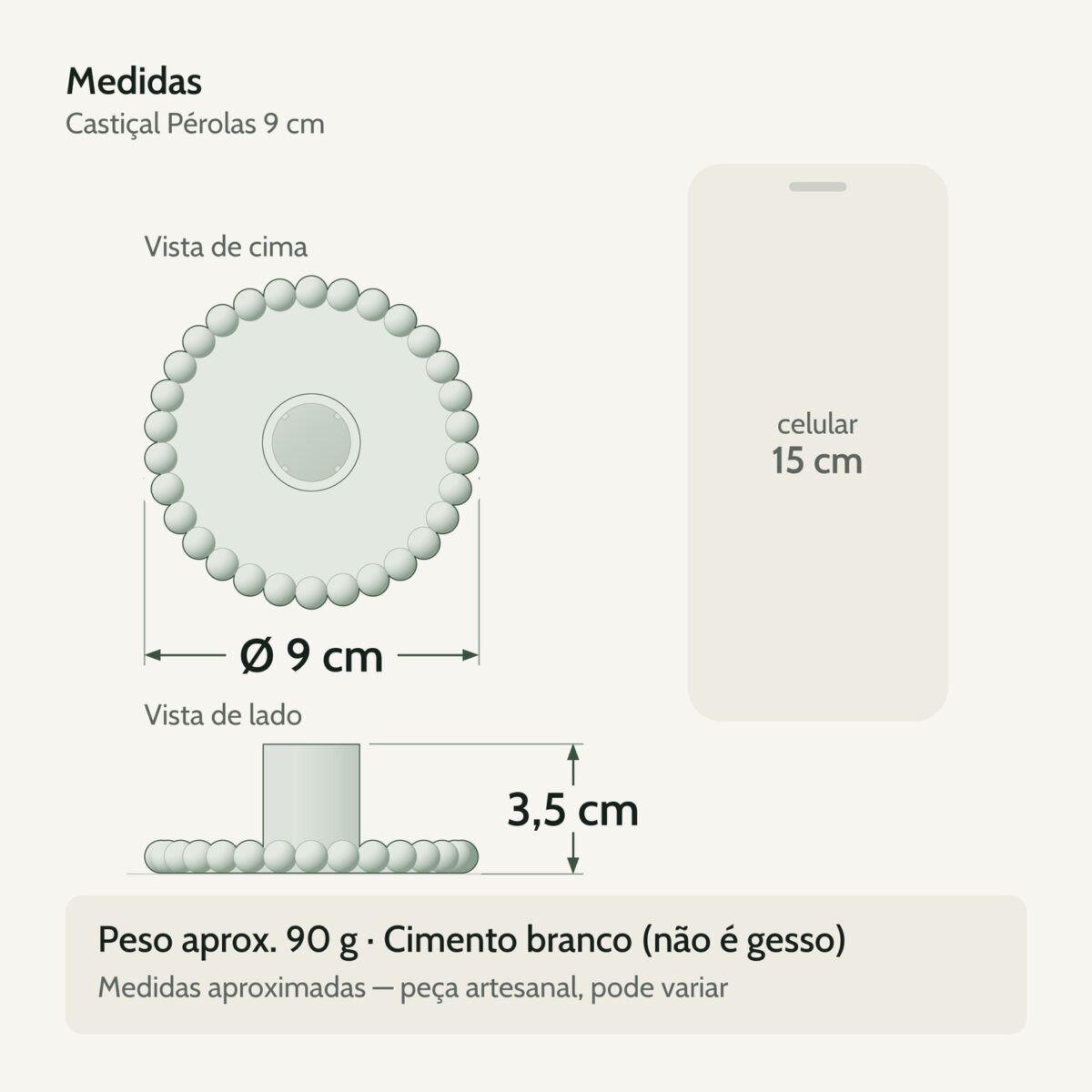 Medidas — Castiçal Pérolas 9cm em Cimento Branco Artesanal Medidas — Castiçal Pérolas 9cm em Cimento Branco Artesanal