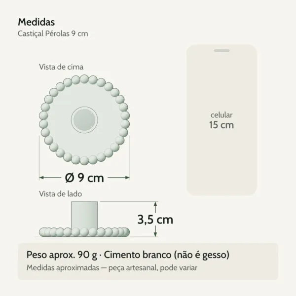 Medidas — Castiçal Pérolas 9cm em Cimento Branco Artesanal