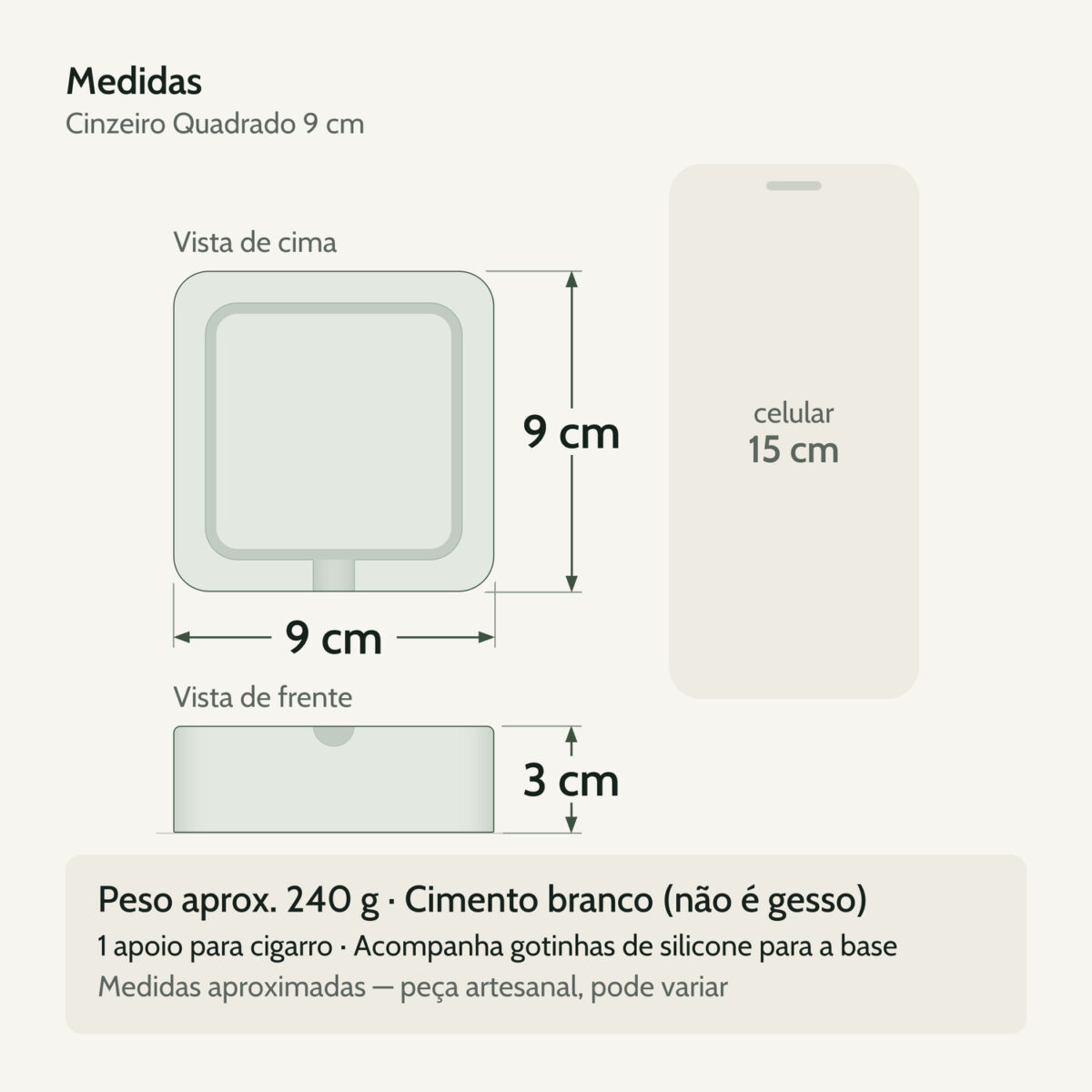 Medidas — Cinzeiro Quadrado 9cm Aleta Artesanal Em Cimento