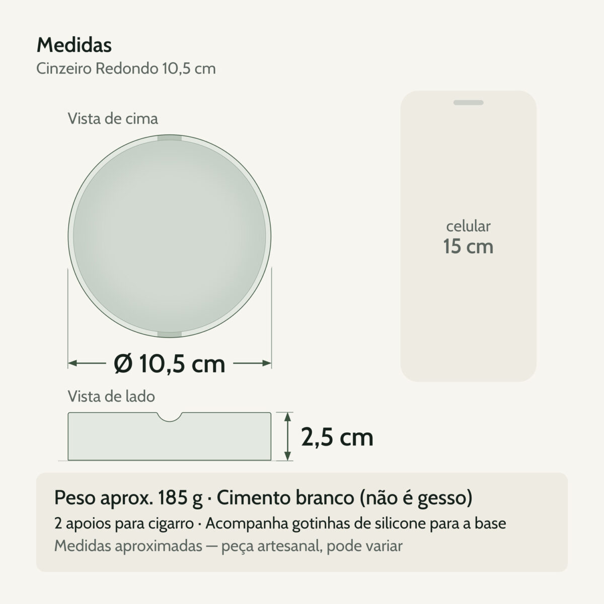 Medidas — Cinzeiro Redondo 10,5cm Aleta Artesanal Em Cimento