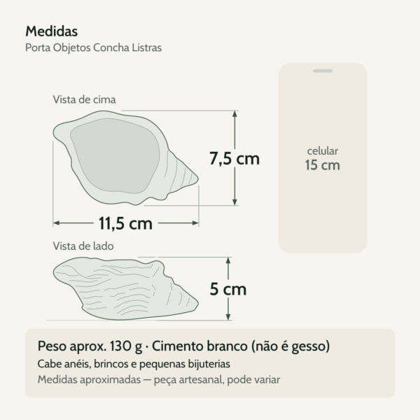 Medidas — Porta Objetos Artesanal Concha Listras 11,5×7,5cm Em Cimento Branco