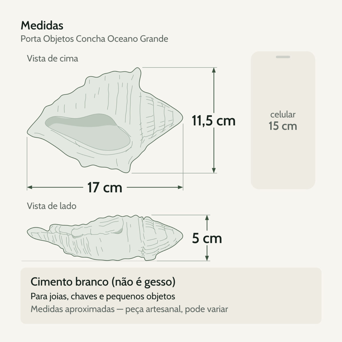 Medidas — Porta Objetos Concha Oceano Grande Artesanal 17×11,5cm Em Cimento Branco