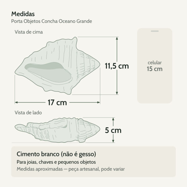 Medidas — Porta Objetos Concha Oceano Grande Artesanal 17×11,5cm Em Cimento Branco