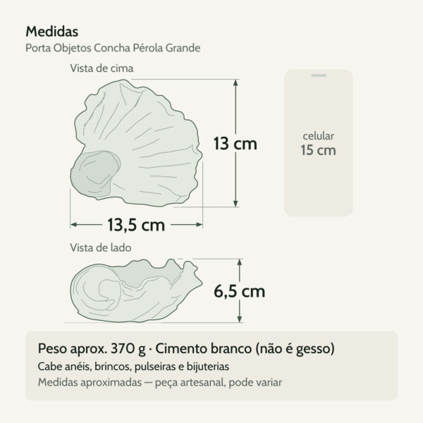 Medidas — Porta Objetos Concha Pérola Grande Artesanal 13,5×6,5x13cm Em Cimento Branco