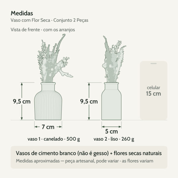 Medidas — Vaso Decorativo de Cimento com Flor Seca — Conjunto 2 Peças
