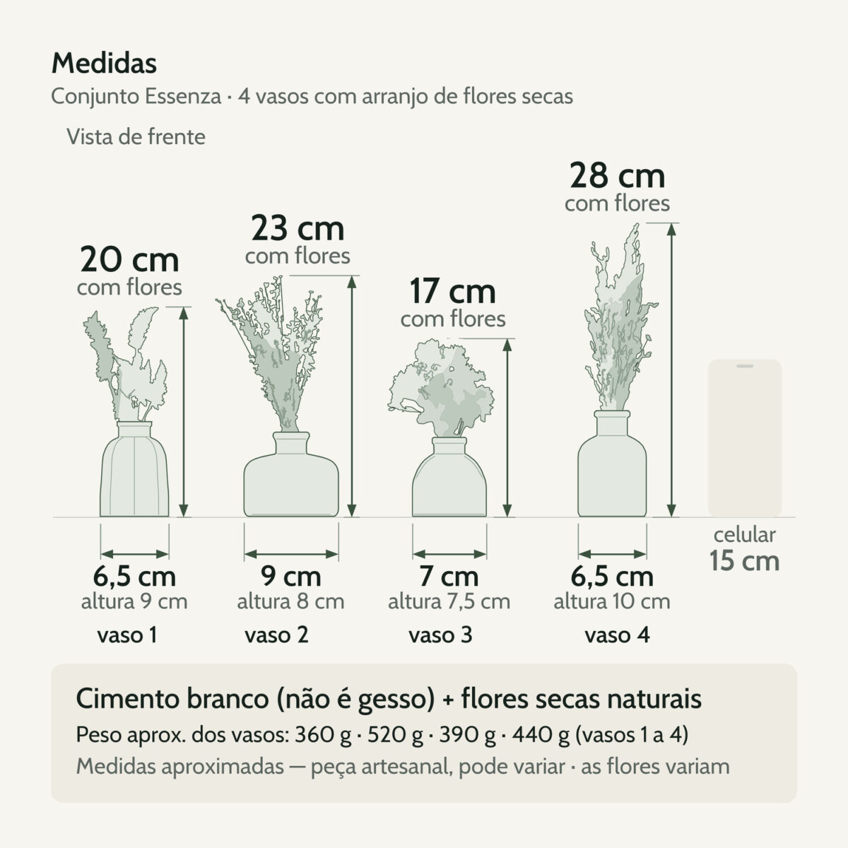 Medidas — Conjunto Essenza 4 Peças: Vasos com Arranjos de Flores Secas