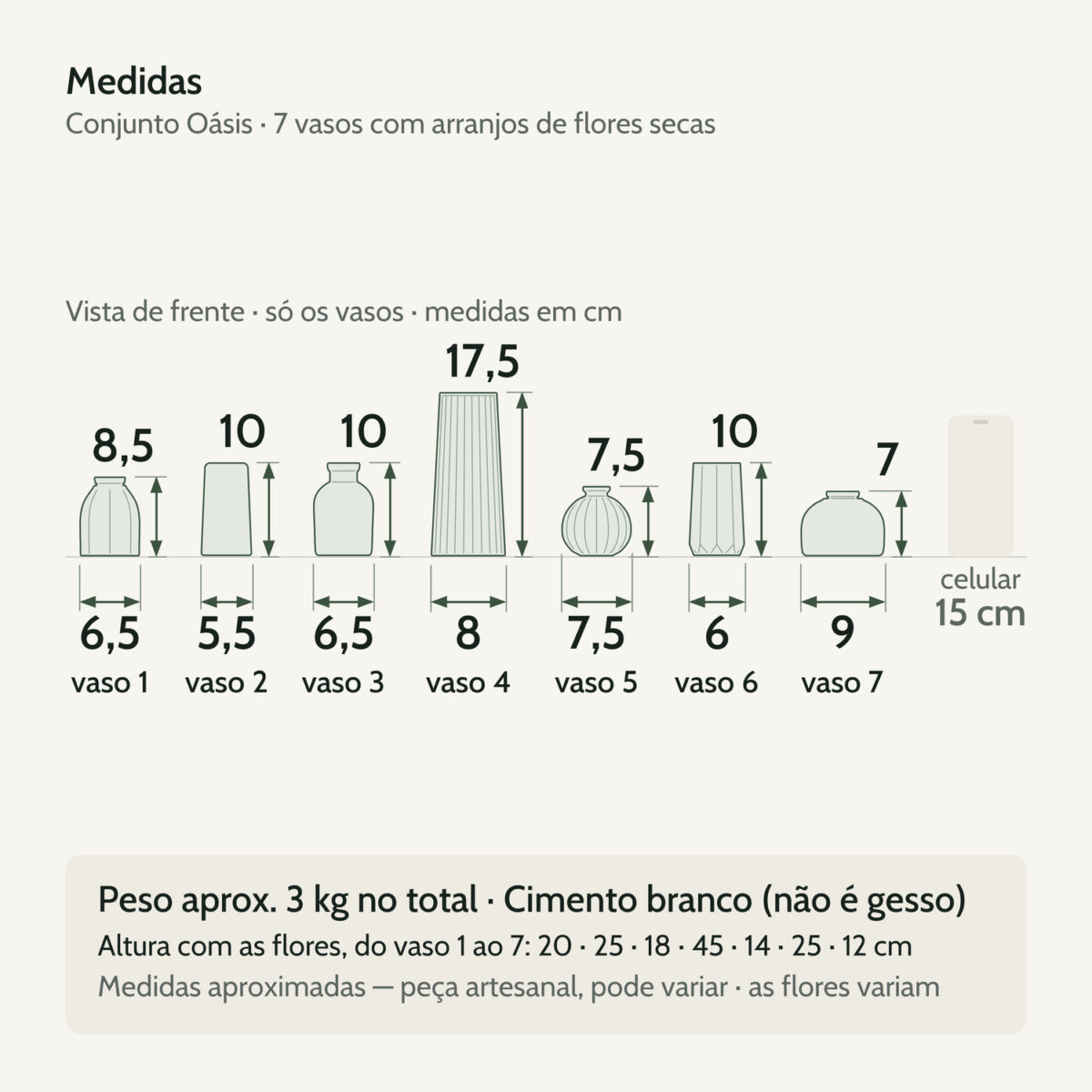 Medidas — Conjunto Oásis 7 Peças: Vasos com Arranjos de Flores Secas