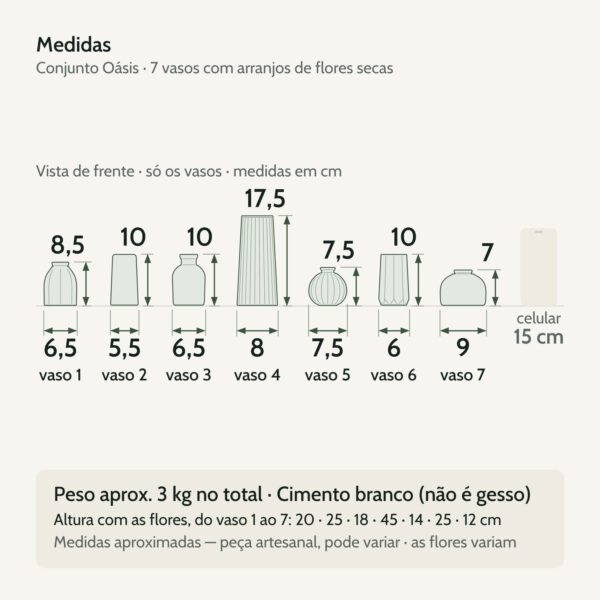 Medidas — Conjunto Oásis 7 Peças: Vasos com Arranjos de Flores Secas