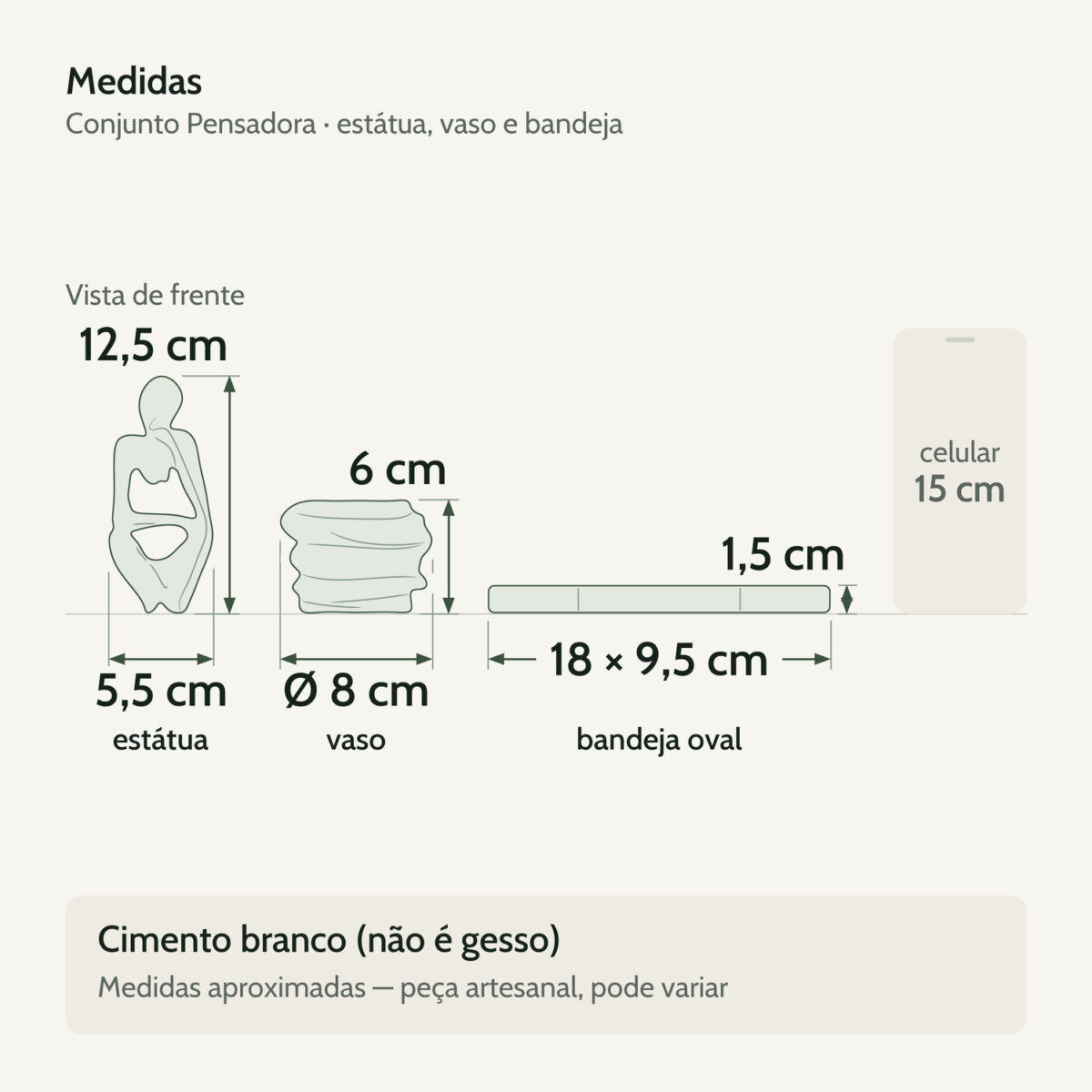 Medidas — Conjunto Decorativo Pensadora com Vaso e Bandeja em Cimento Branco Medidas — Conjunto Decorativo Pensadora com Vaso e Bandeja em Cimento Branco