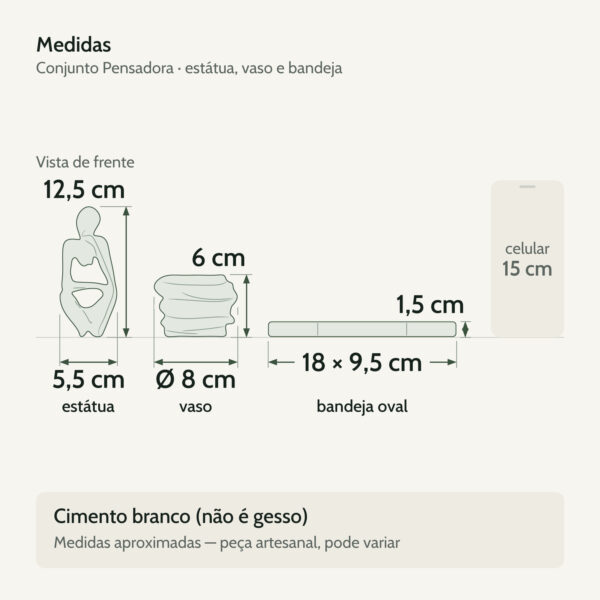 Medidas — Conjunto Decorativo Pensadora com Vaso e Bandeja em Cimento Branco
