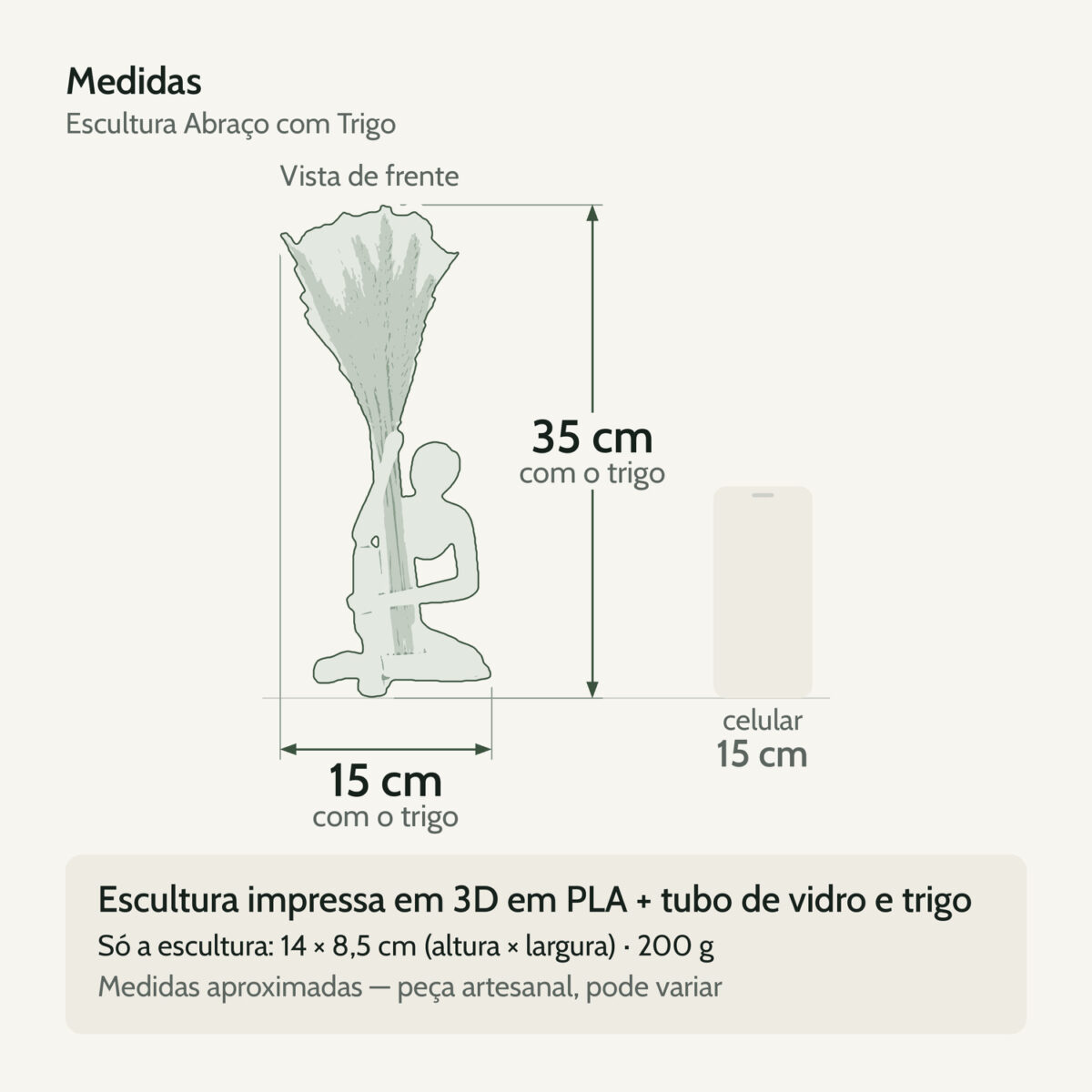 Medidas — Escultura Abraço com Arranjo de Flores Secas