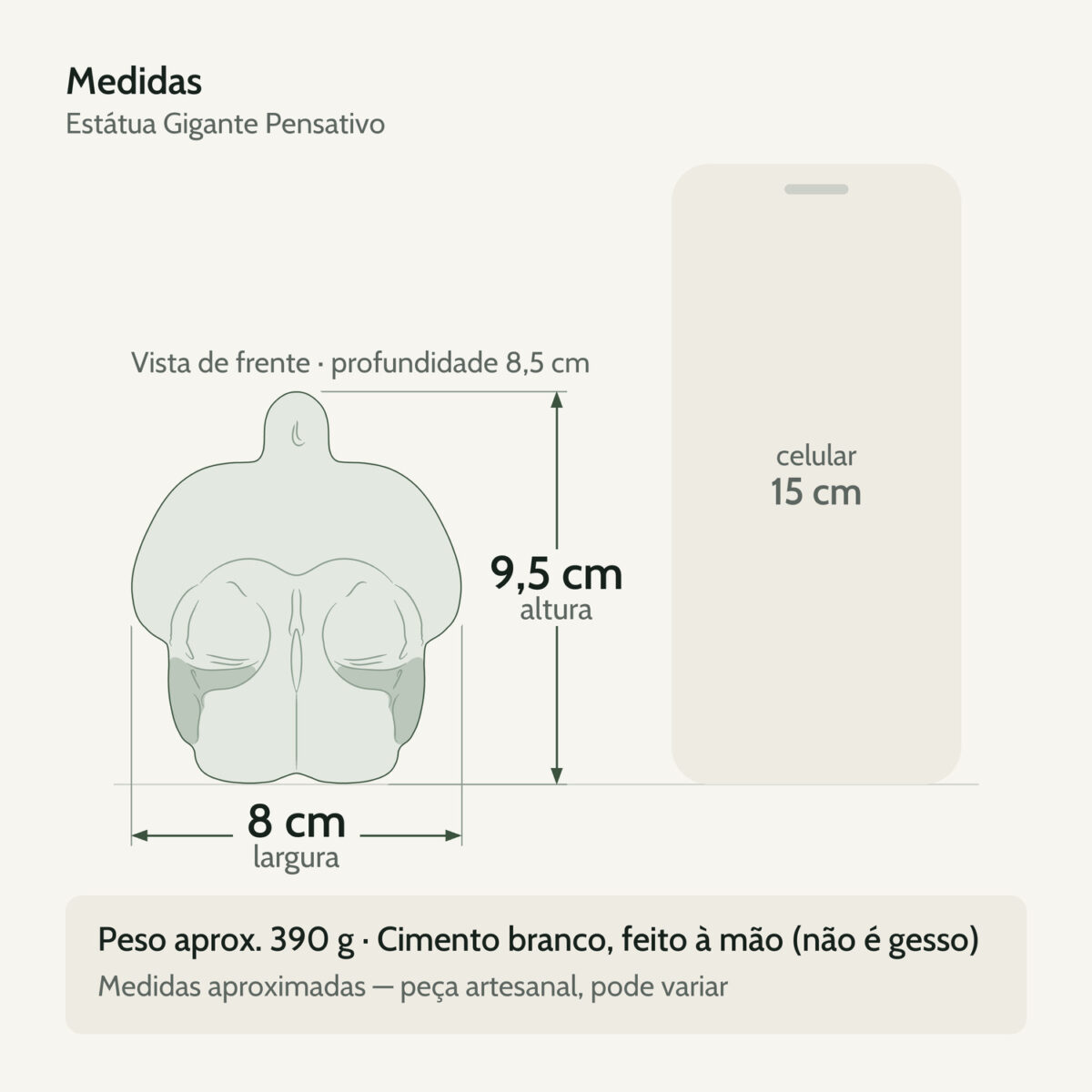 Medidas — Estátua Decorativa Gigante Pensativo Artesanal 9,5×8,5cm Em Cimento