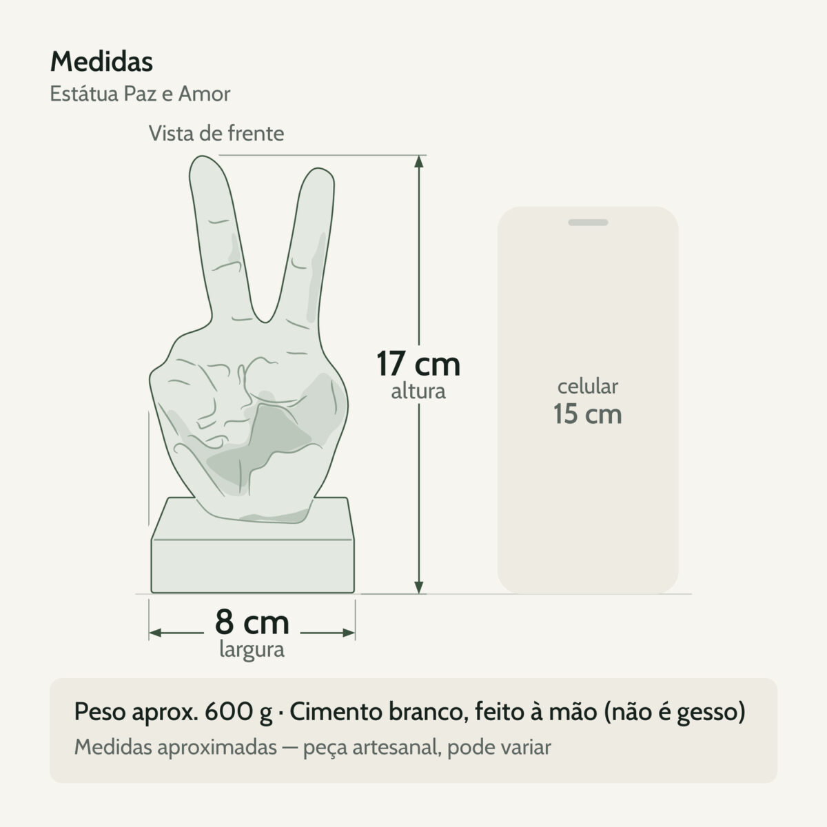 Medidas — Estatua Decorativa Paz e Amor Artesanal 17cm Em Cimento