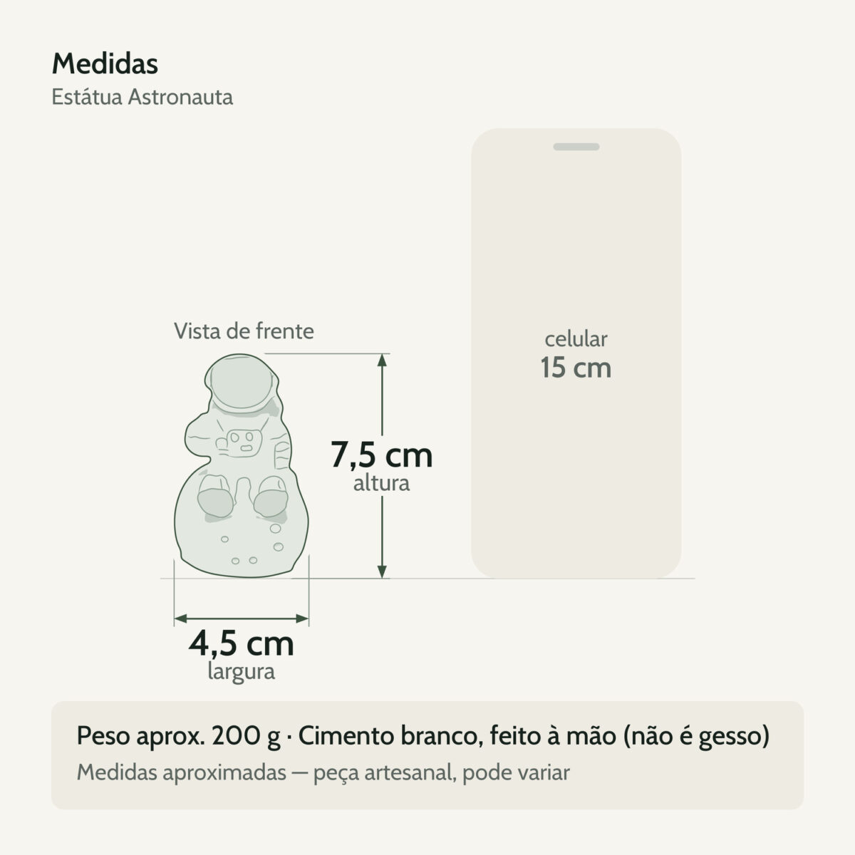 Medidas — Estátua Decorativa Artesanal Astronauta 7,5cm em Cimento