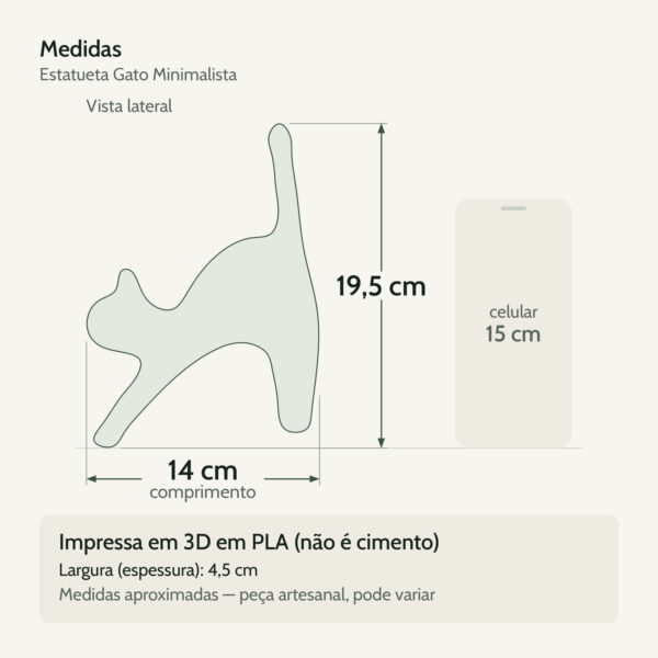 Medidas — Estatueta Gato Minimalista Branca Impressa em 3D