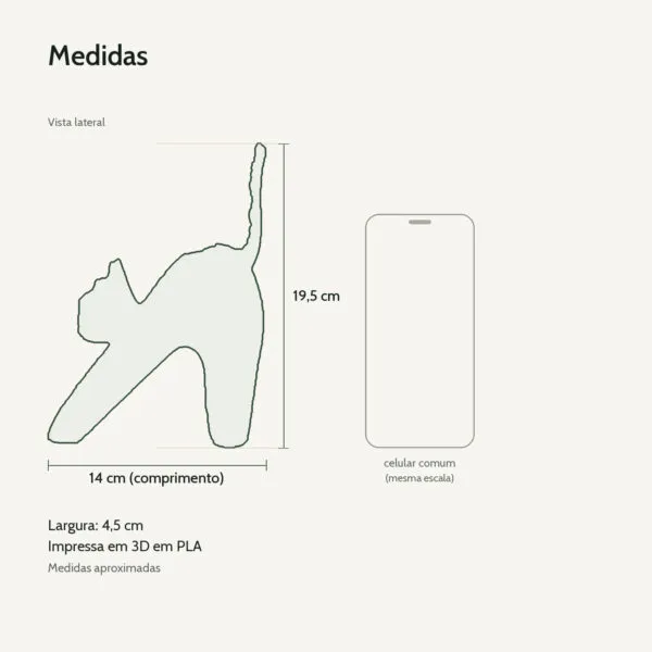 Estatueta Gato Minimalista Branca Impressa em 3D, medidas