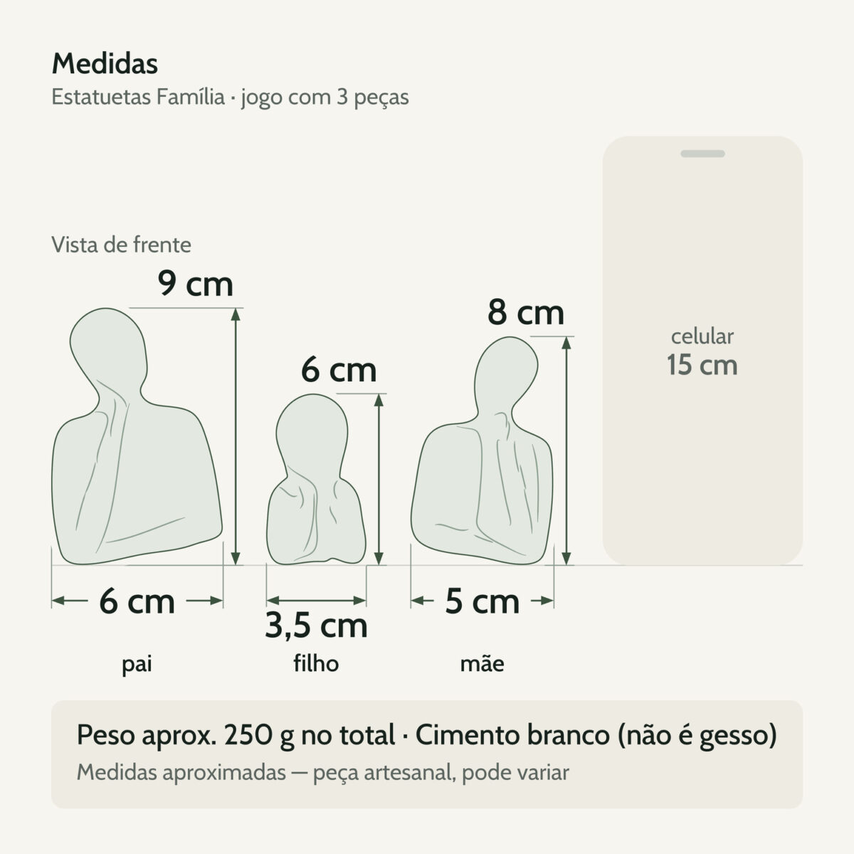 Medidas — Estatuetas Decorativas Família em Cimento Branco — Jogo com 3 Peças