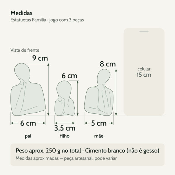 Medidas — Estatuetas Decorativas Família em Cimento Branco — Jogo com 3 Peças