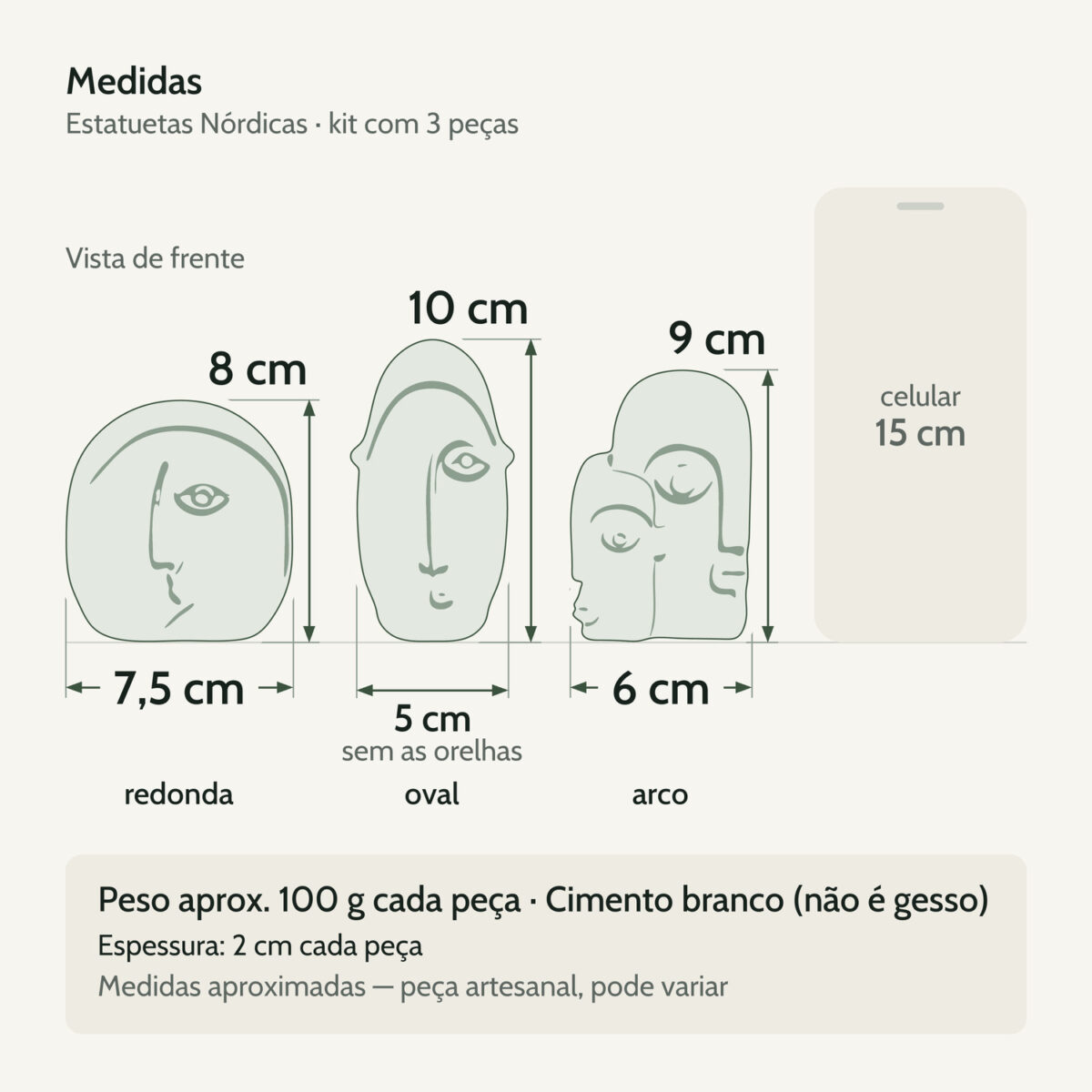 Medidas — Estatuetas Decorativas Nórdicas em Cimento Branco — Kit 3 Peças