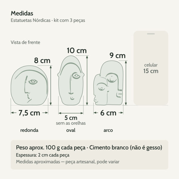 Medidas — Estatuetas Decorativas Nórdicas em Cimento Branco — Kit 3 Peças