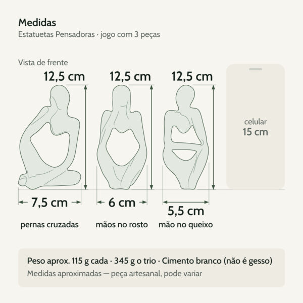 Medidas — Estatuetas Pensadoras de Cimento Branco — Jogo com 3 Peças