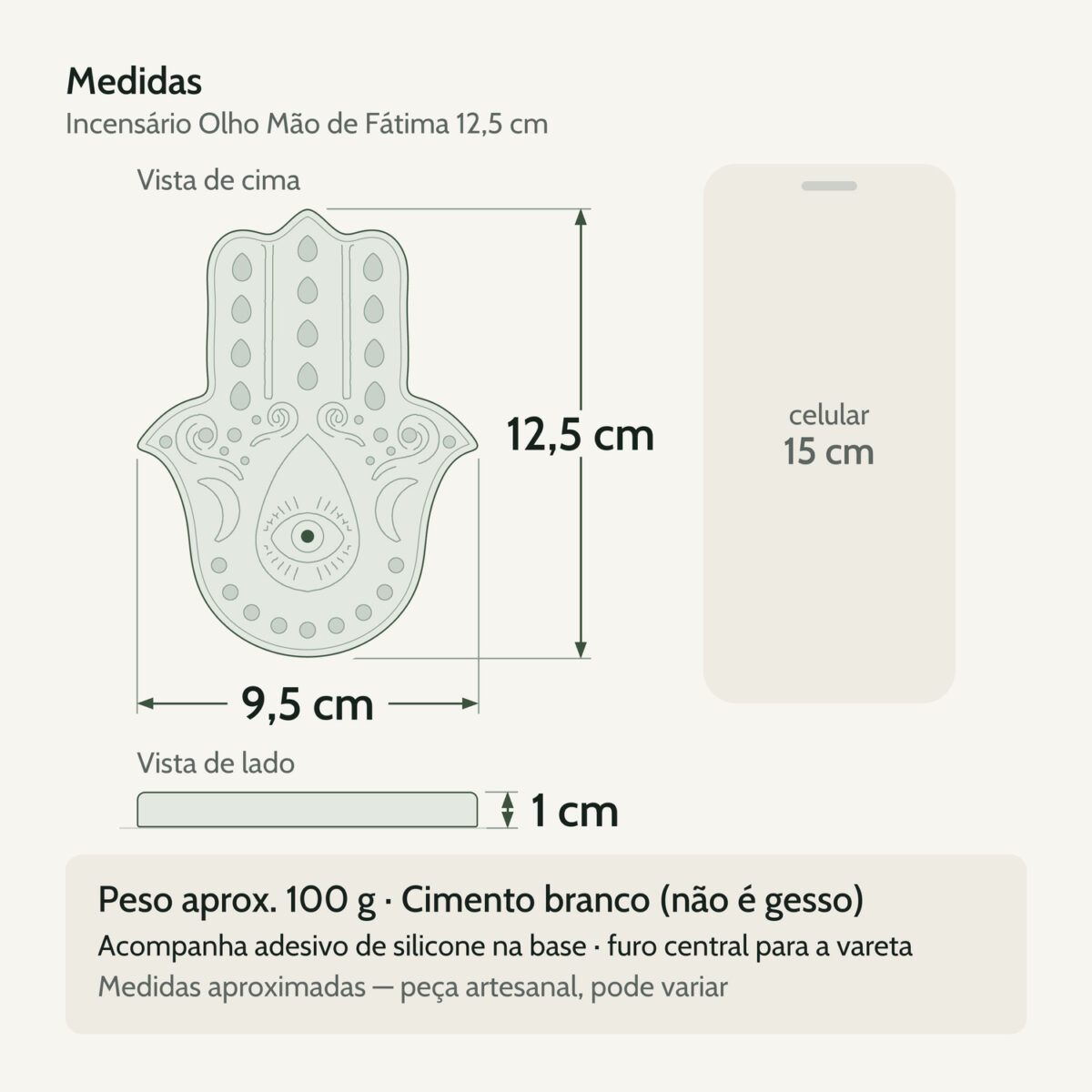 Medidas — Incensário Aleta Artesanal Olho 12,5cm Mão de Fátima Cimento