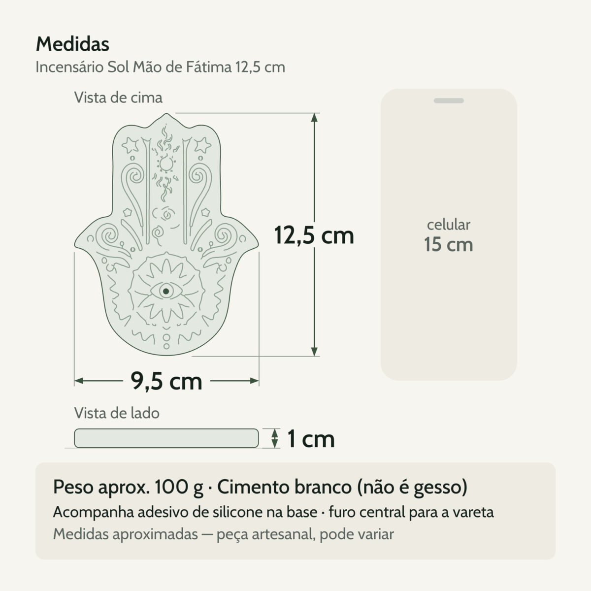 Medidas — Incensário Artesanal Aleta Sol 12,5cm Mão de Fátima Cimento