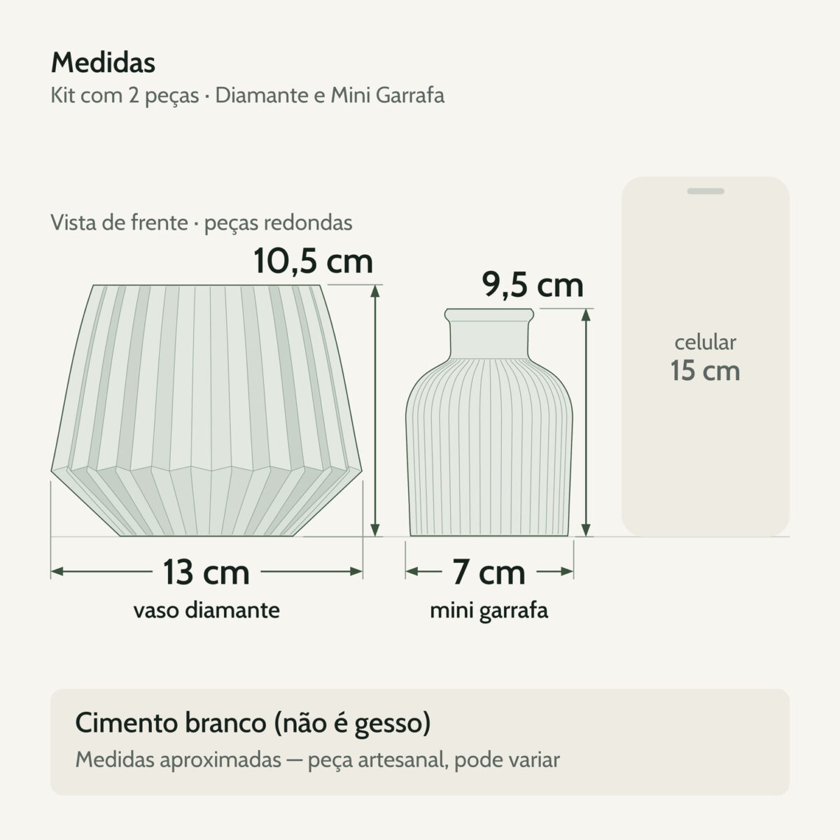 Medidas — Vaso Decorativo de Cimento Kit com 2 Peças — Diamante e Mini Garrafa