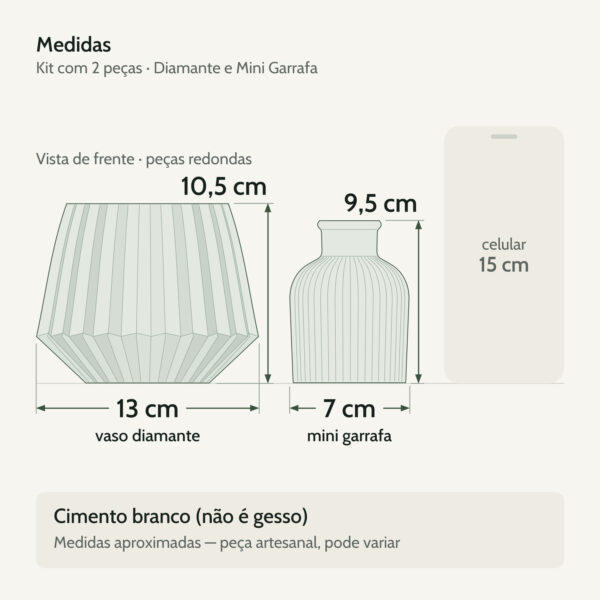 Medidas — Vaso Decorativo de Cimento Kit com 2 Peças — Diamante e Mini Garrafa