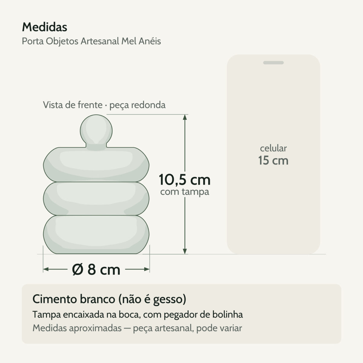 Medidas — Porta Objetos Artesanal Mel Anéis 12x8cm Em Cimento Branco