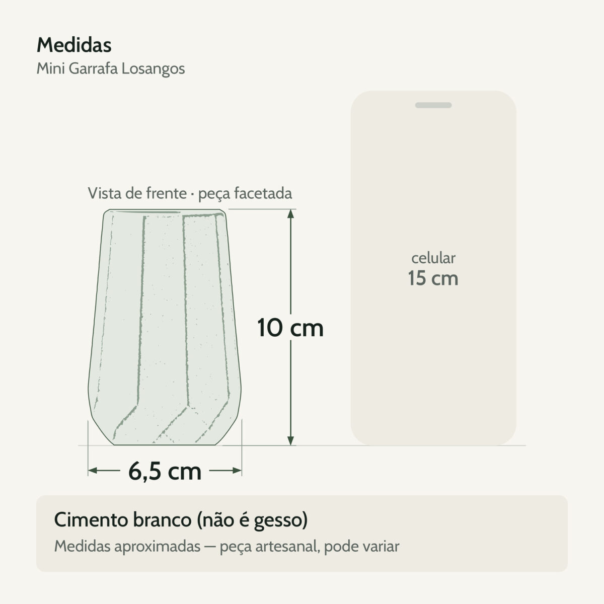 Medidas — Mini Garrafa Losangos Artesanal 10x6cm em Cimento Branco