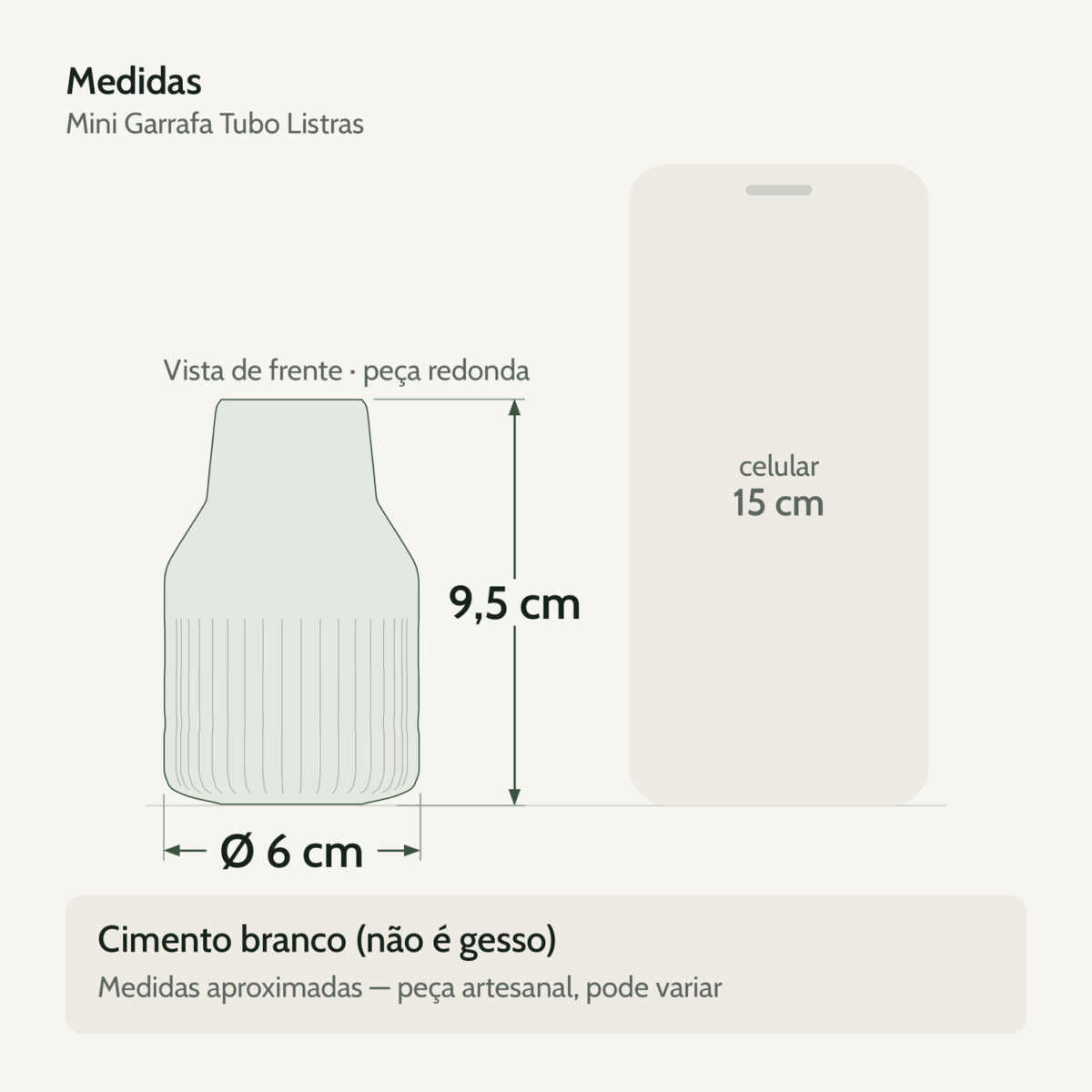 Medidas — Mini Garrafa Tubo Listras Artesanal 9,5x6cm Em Cimento