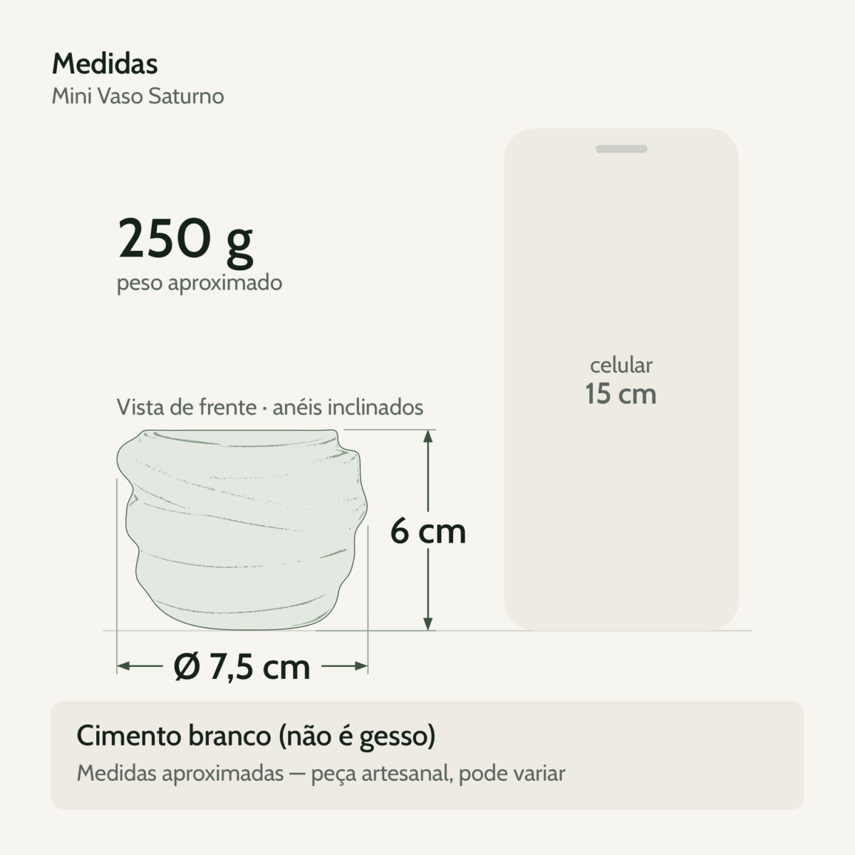 Medidas — Mini Vaso Saturno Artesanal 7,5x6cm Em Cimento Branco